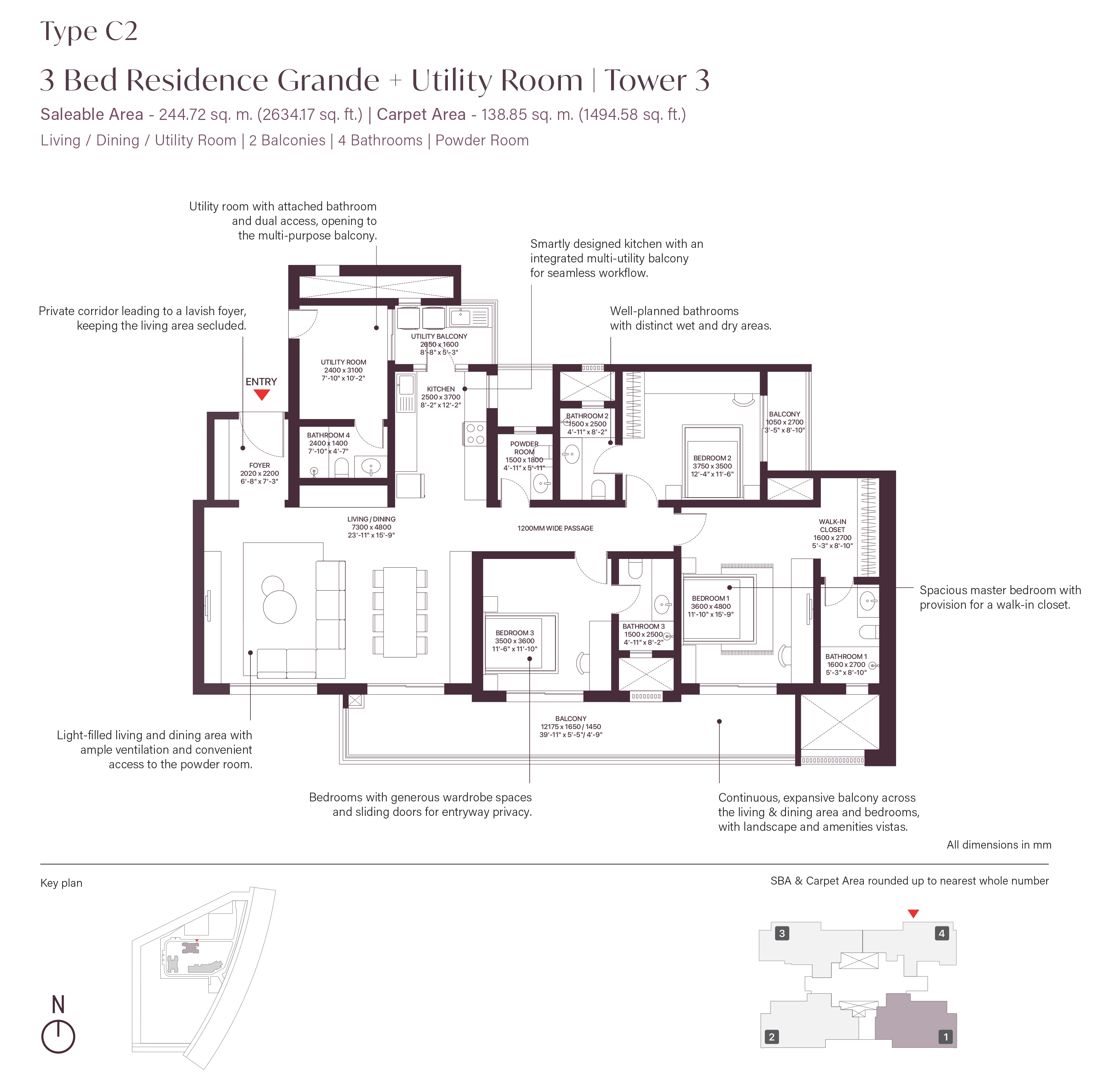 Sobha Sector 63A 3BHK Floor Plan Type 1